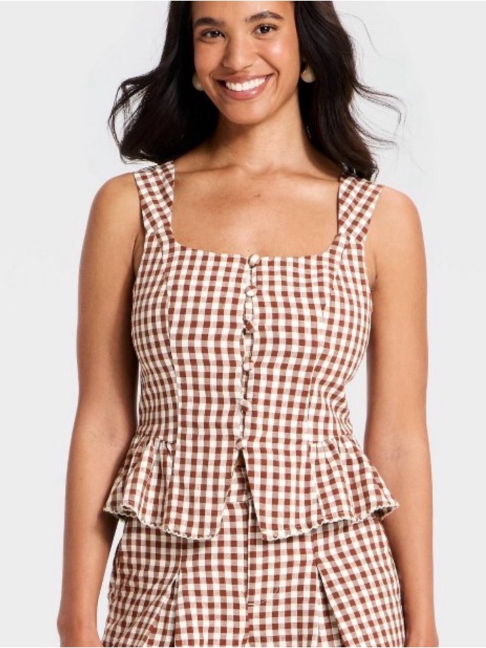 NWT Button-Front Peplum Tank Top Blouse in Brown Gingham, Women’s Large